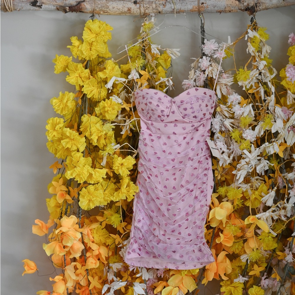 Pink Strapless Dress with Hearts